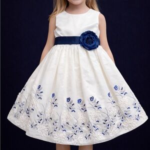 Girls Ivory Party Dress with Navy Floral Embroidery